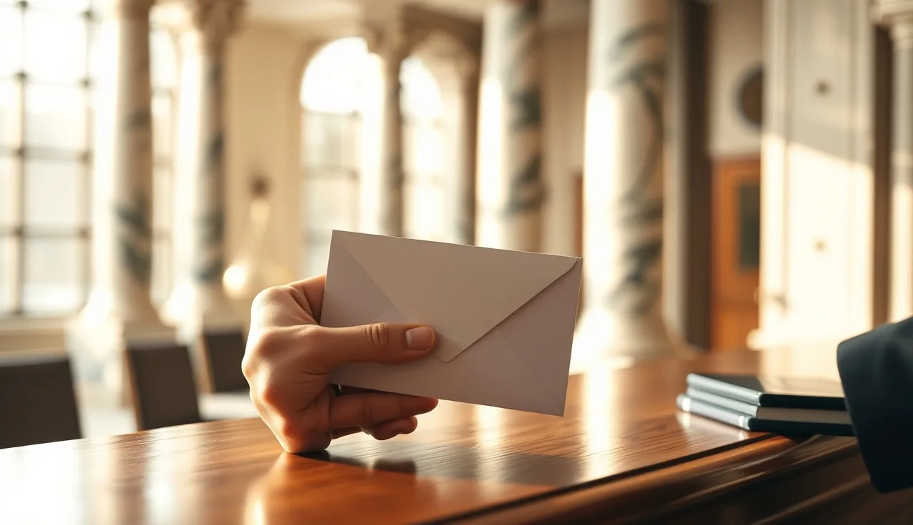 Hand placing an envelope on a courthouse counter during divorce filing process