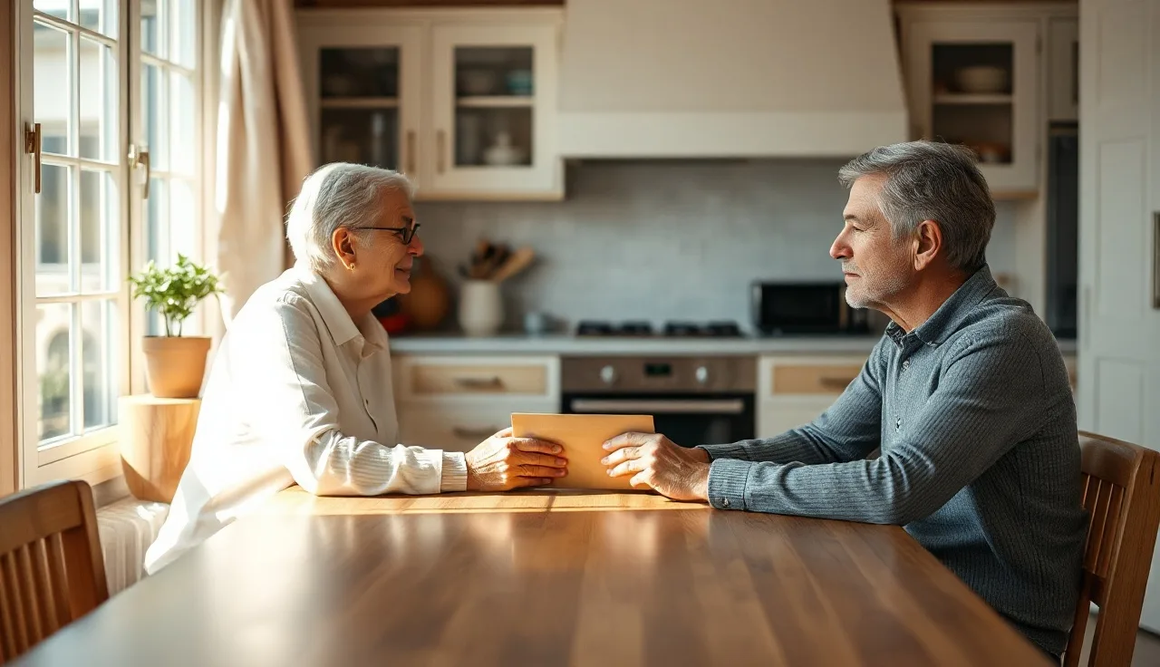 Two adults at a kitchen table with a legal envelope, soft morning light