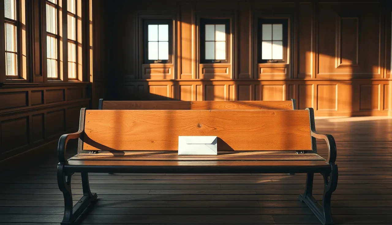 Empty courthouse bench with sealed envelope, representing unserved divorce papers