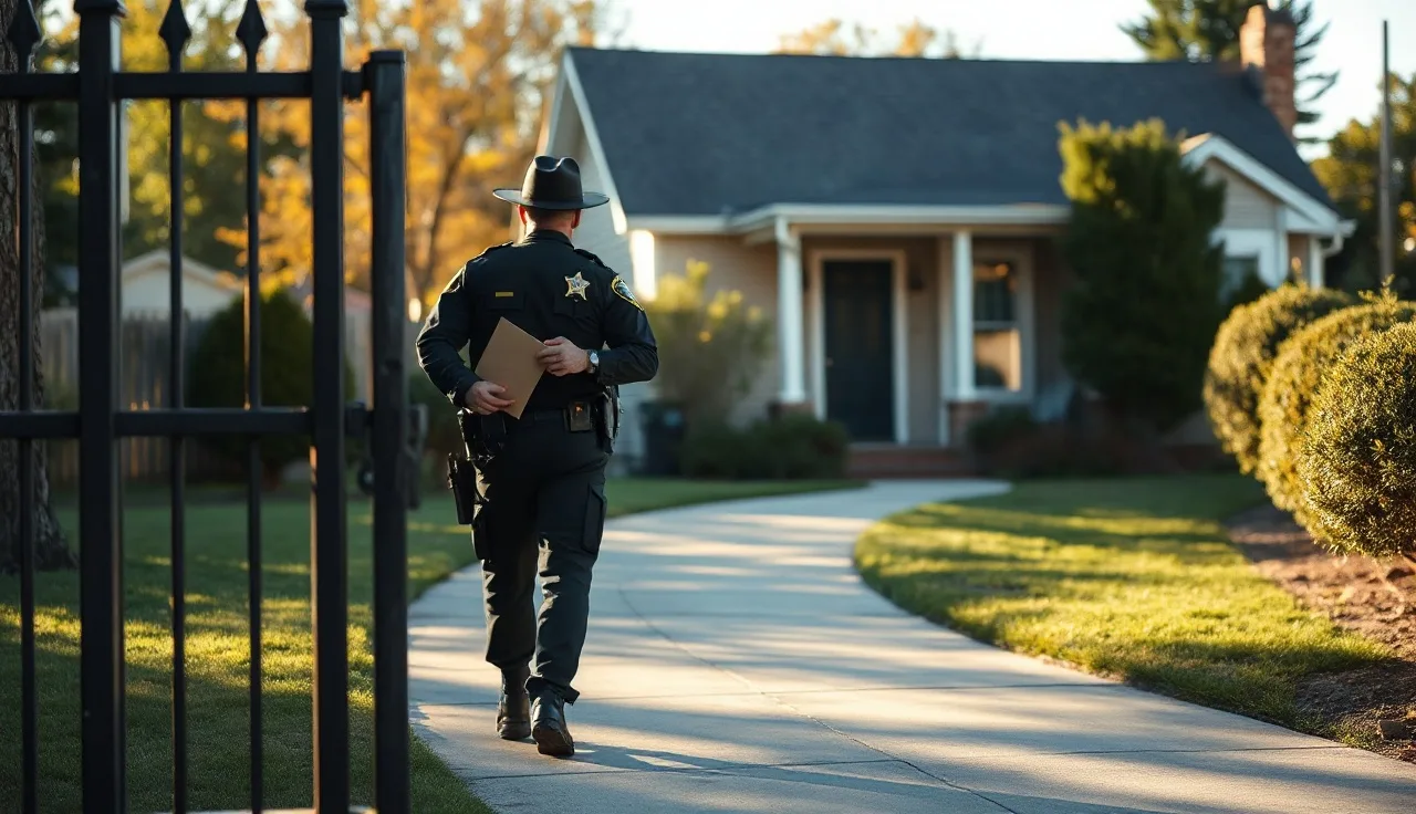 County sheriff approaching a home to serve divorce papers in the afternoon