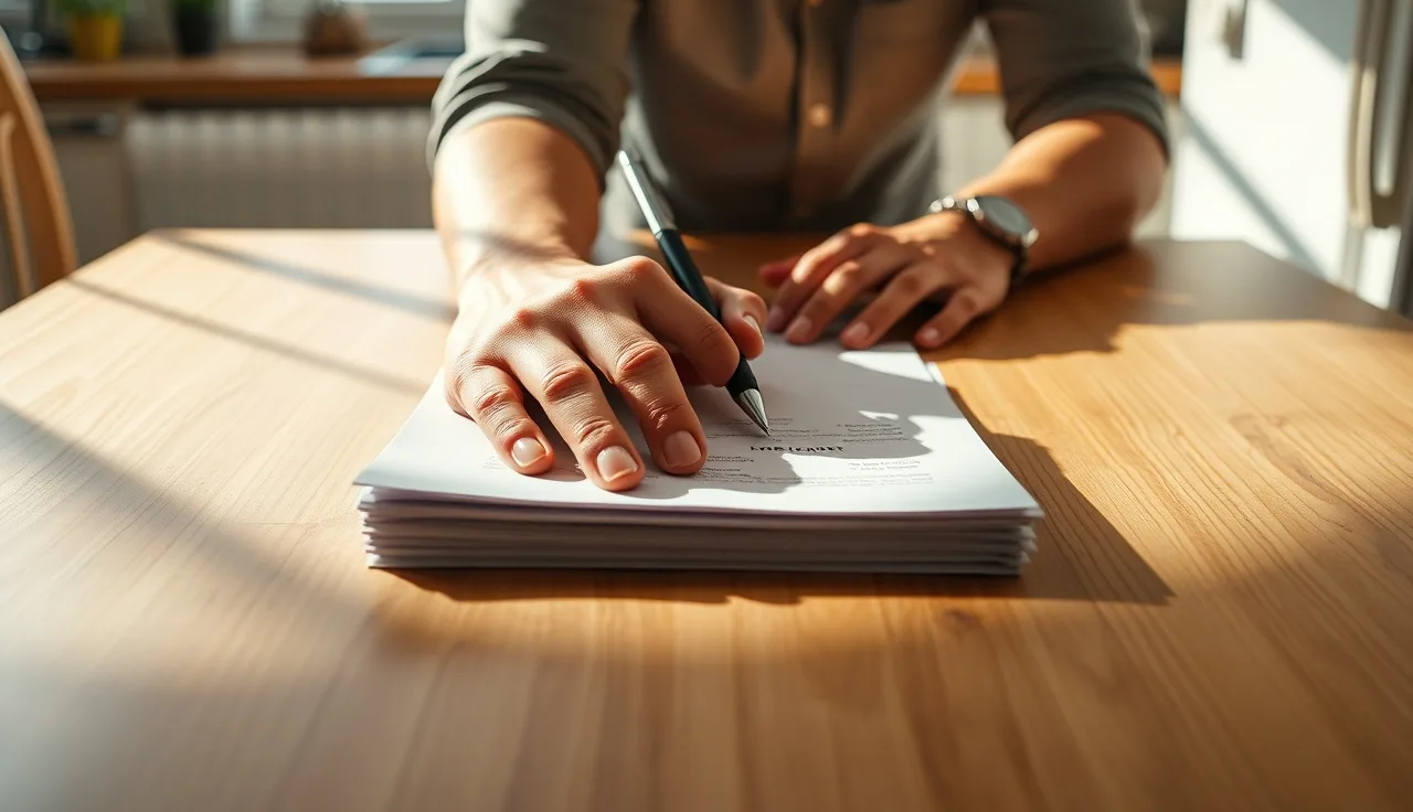 Two people at a kitchen table ready to sign uncontested divorce paperwork