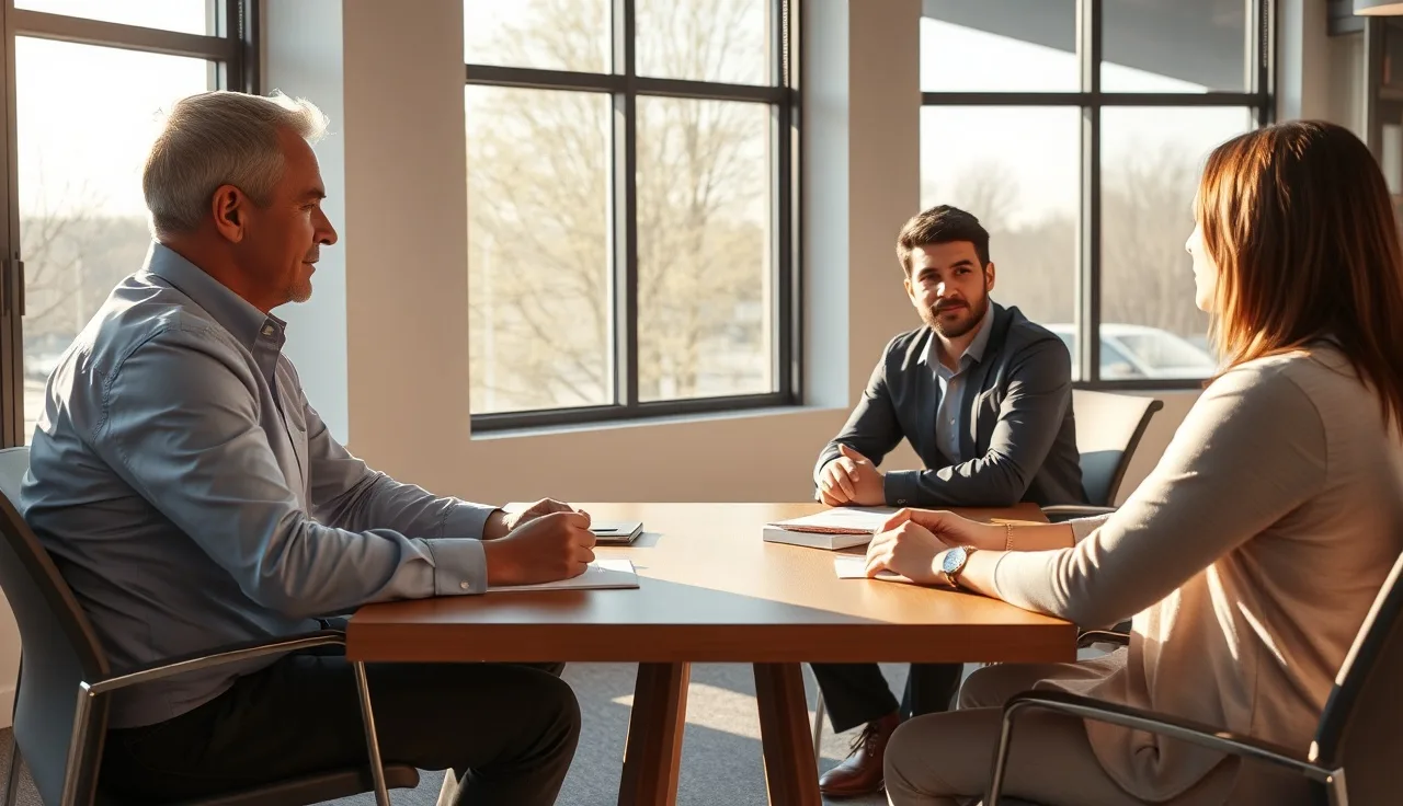 Two spouses and a mediator seated at a table during a divorce mediation session