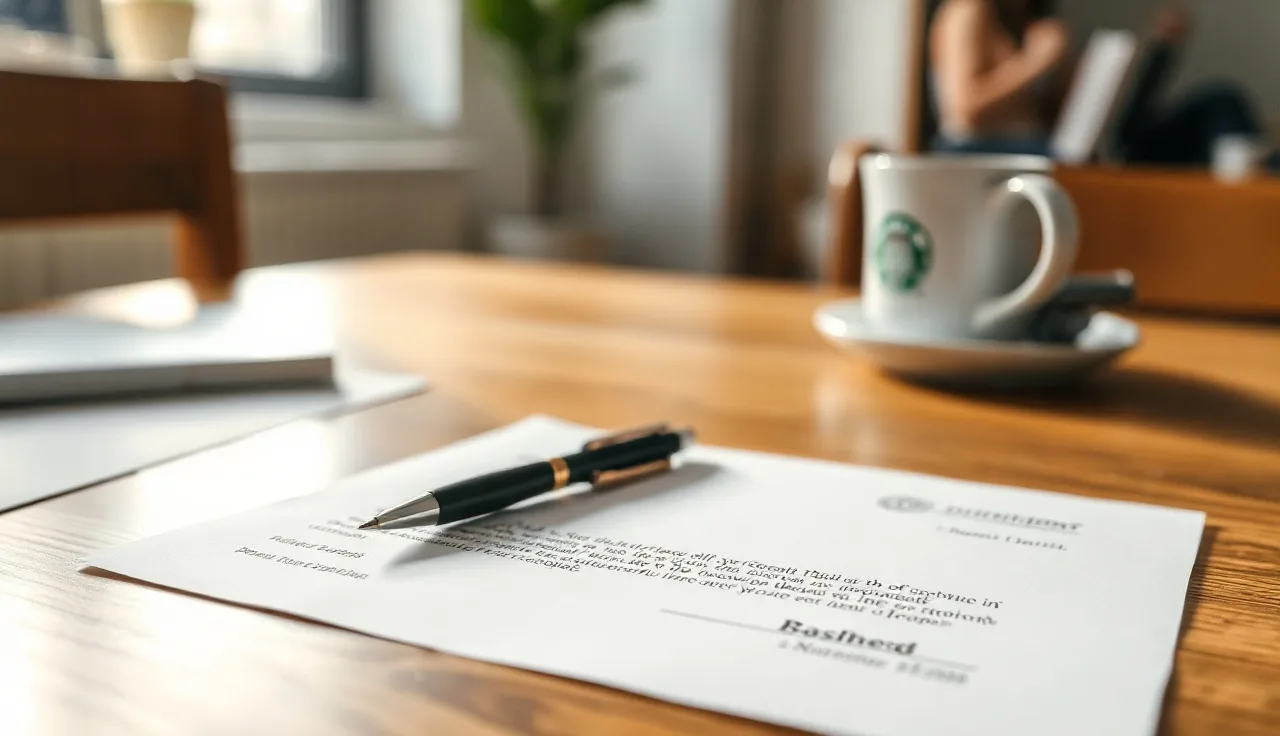 A pen lying on an unsigned document on a wooden table in morning light