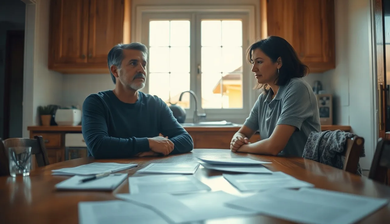 Two people calmly reviewing documents at a kitchen table during a mutual divorce process