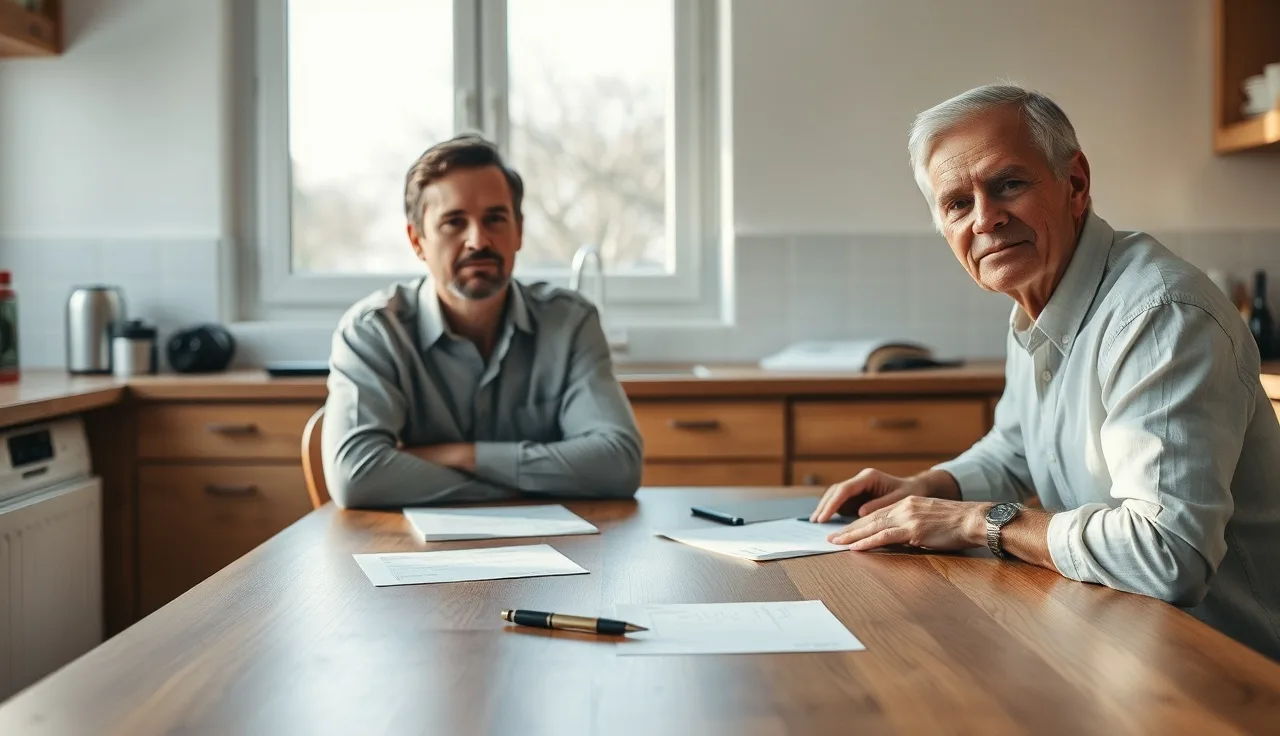 Two adults reviewing mutual separation agreement documents at a kitchen table