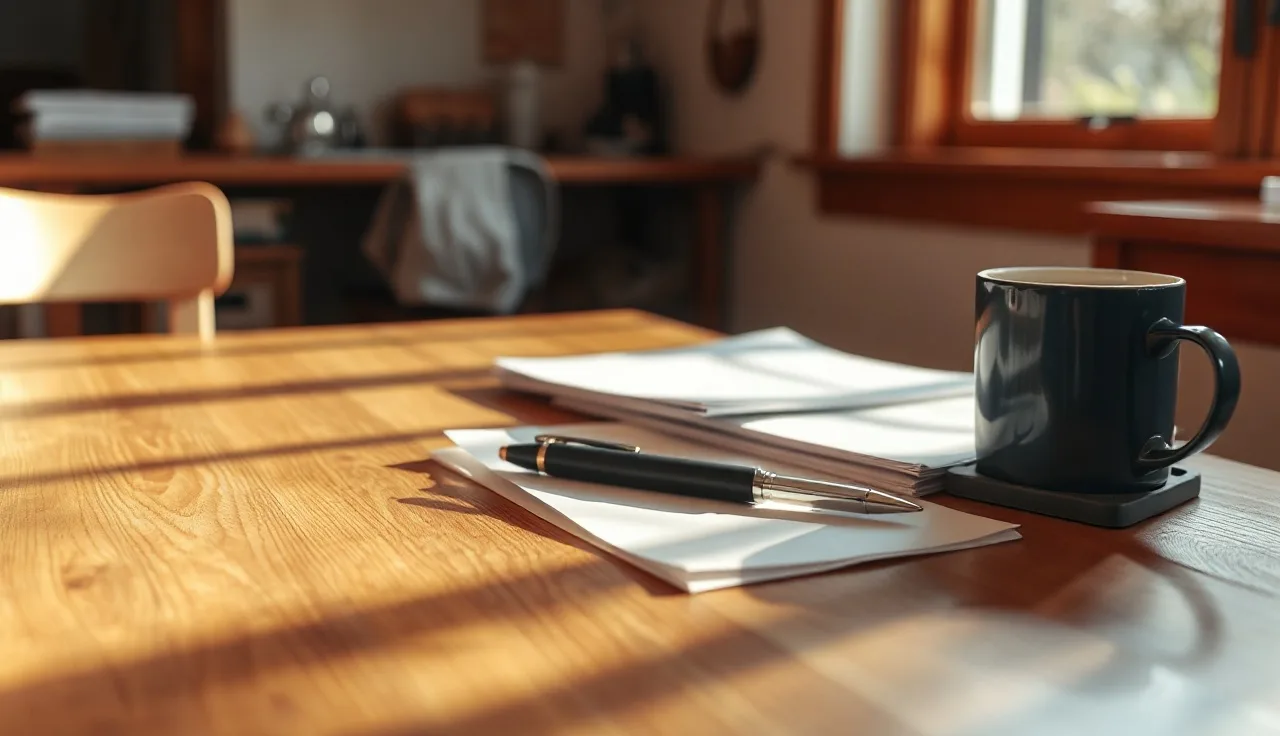 Pen and paperwork on a wooden kitchen table, morning light, divorce filing preparation