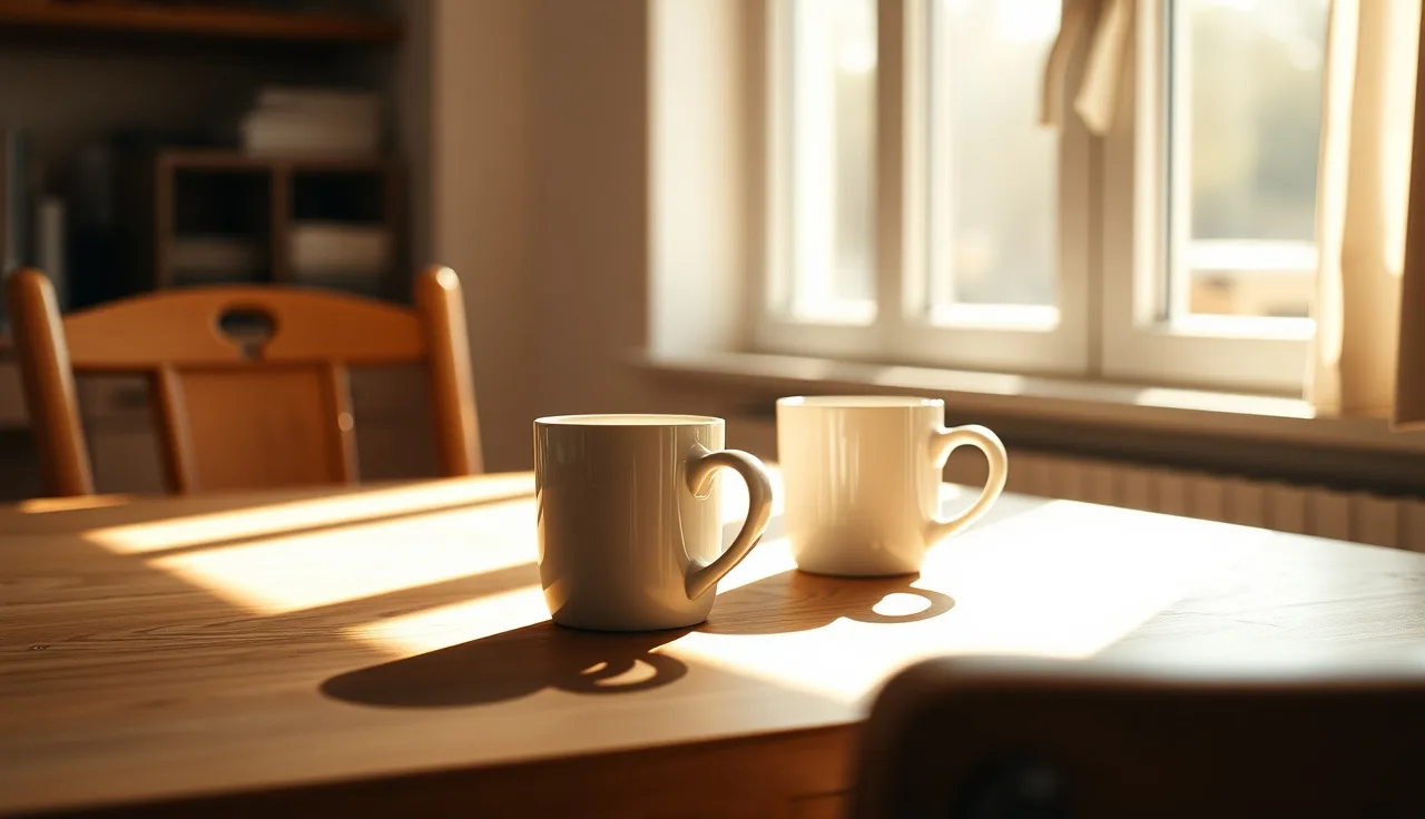 Two coffee mugs on a sunlit kitchen table suggesting a divorce filing moment