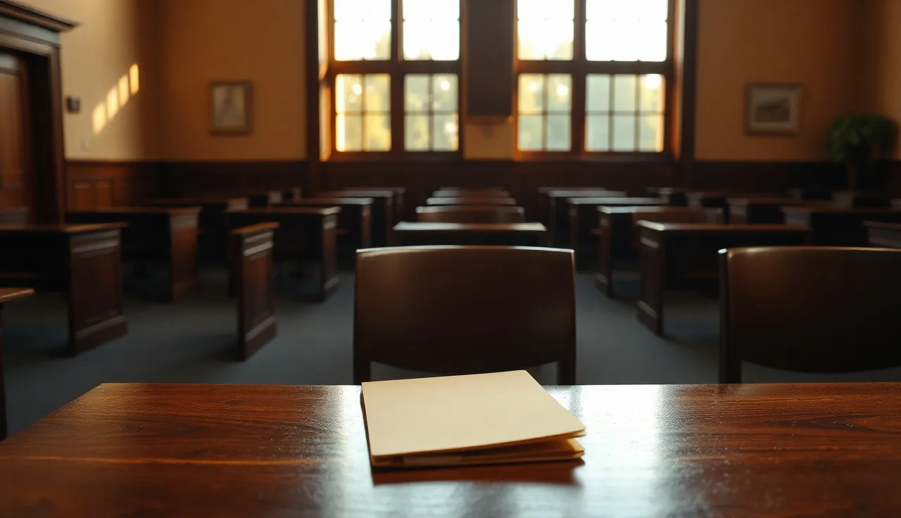 Empty courtroom table with a folder where no respondent appeared for a default divorce hearing