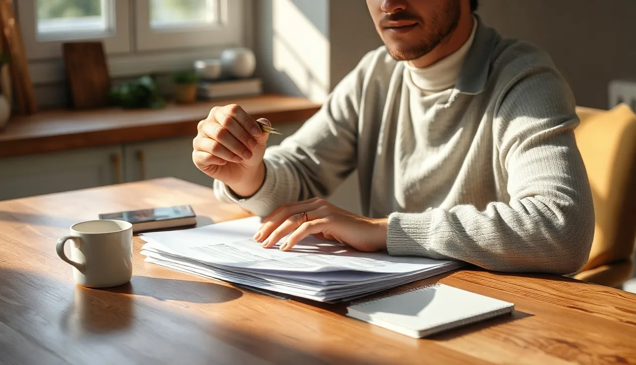 Person reviewing divorce paperwork at kitchen table in morning light