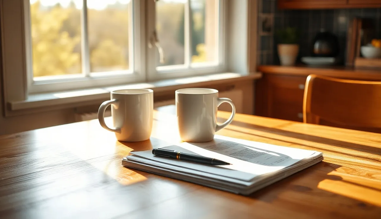 Two coffee mugs and a pen on a kitchen table beside uncontested divorce paperwork