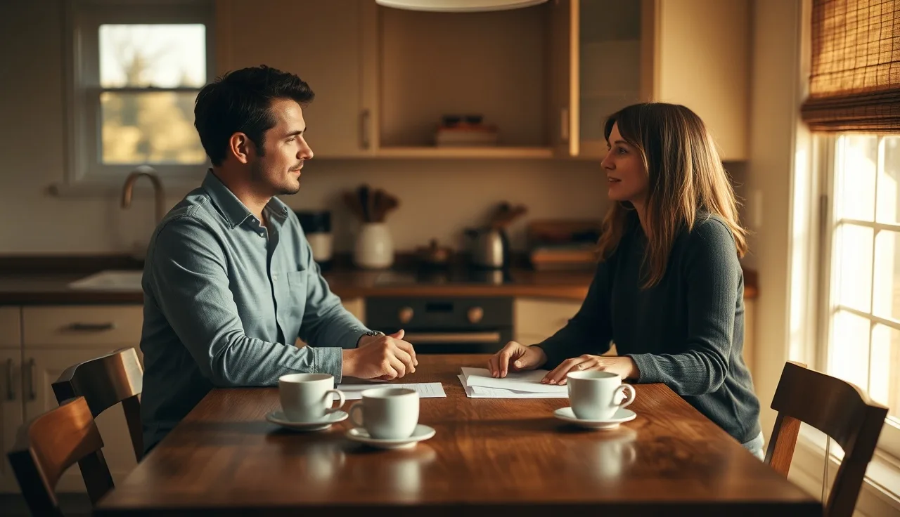 Two people at a kitchen table reviewing a divorce waiver of service document