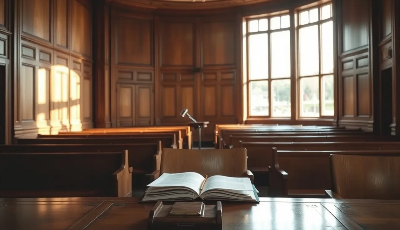 Empty courtroom with papers on the table before a final divorce hearing