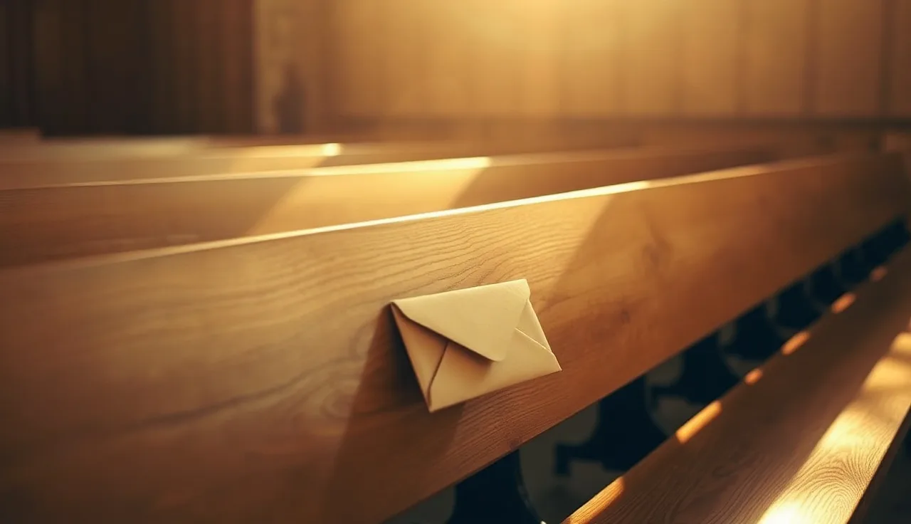 Empty courtroom bench with a manila envelope, suggesting unsigned divorce papers