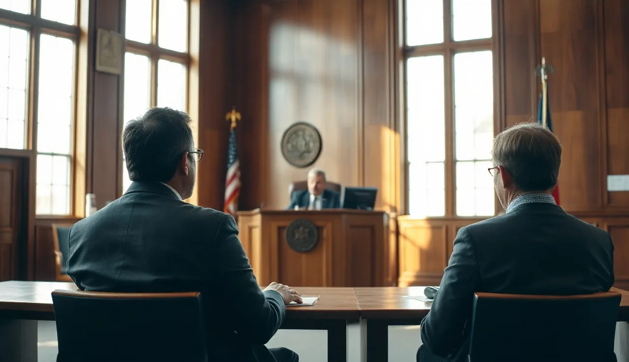 Two people seated across from a judge in a family court room during a case management conference