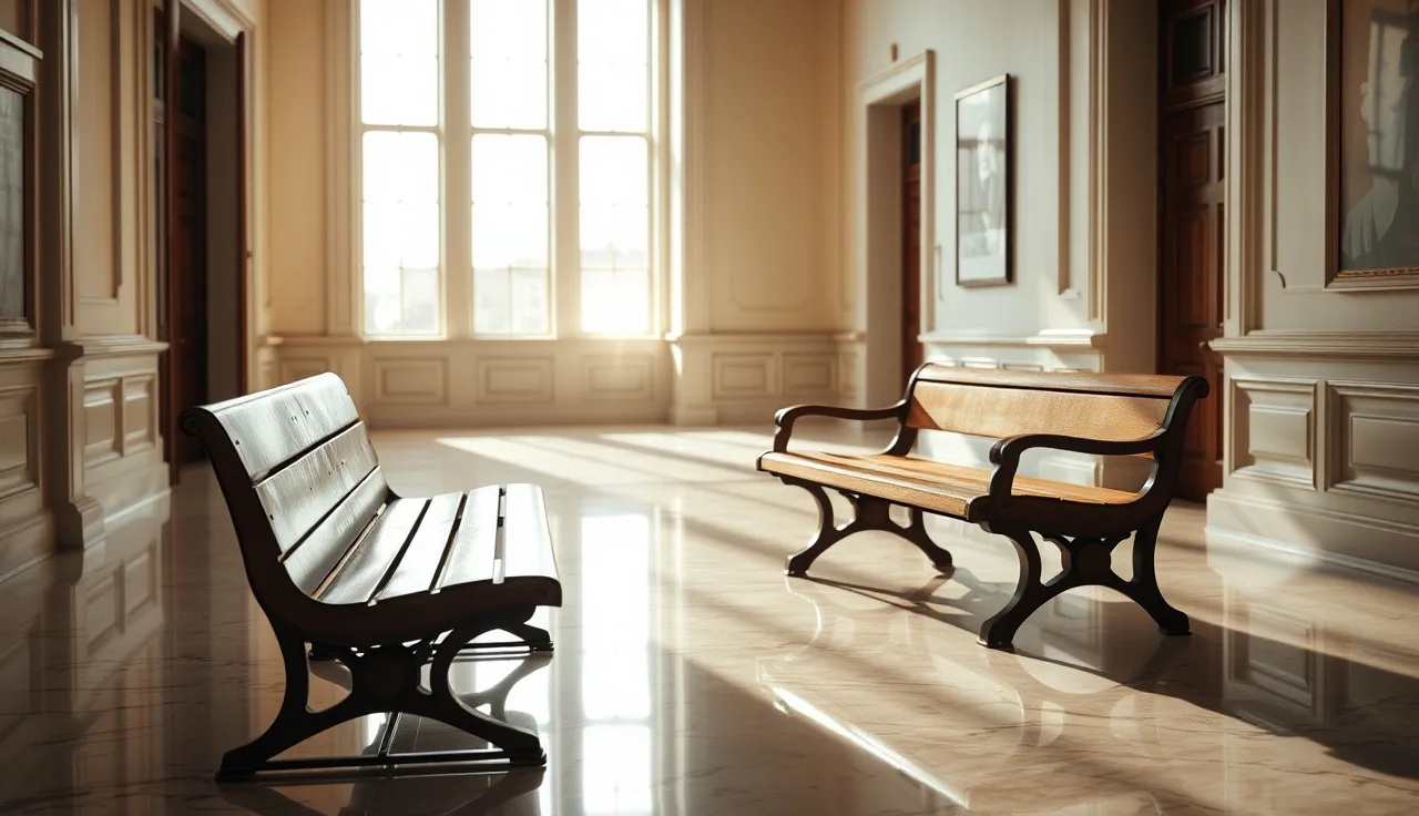 Empty courthouse bench in a family court hallway, representing a default divorce proceeding