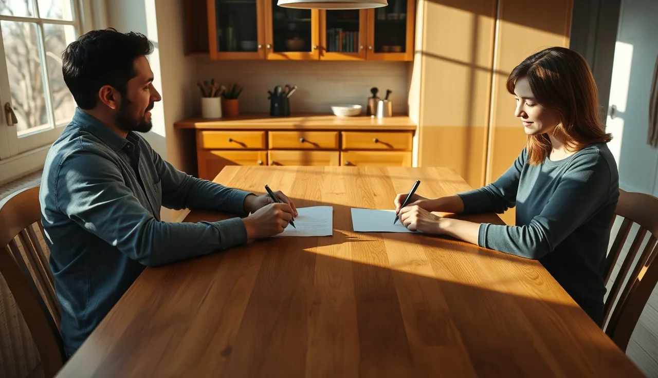 Two people signing simplified divorce paperwork at a sunny kitchen table