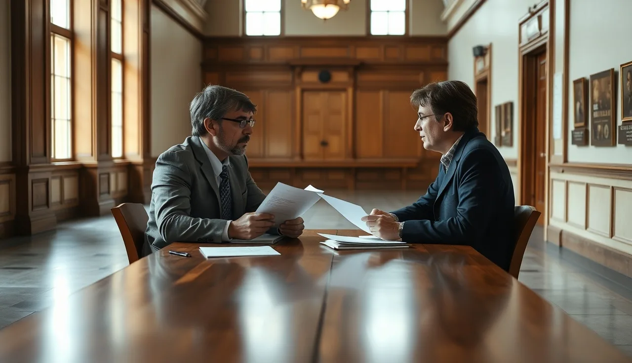 Two adults reviewing divorce settlement paperwork at a courthouse table