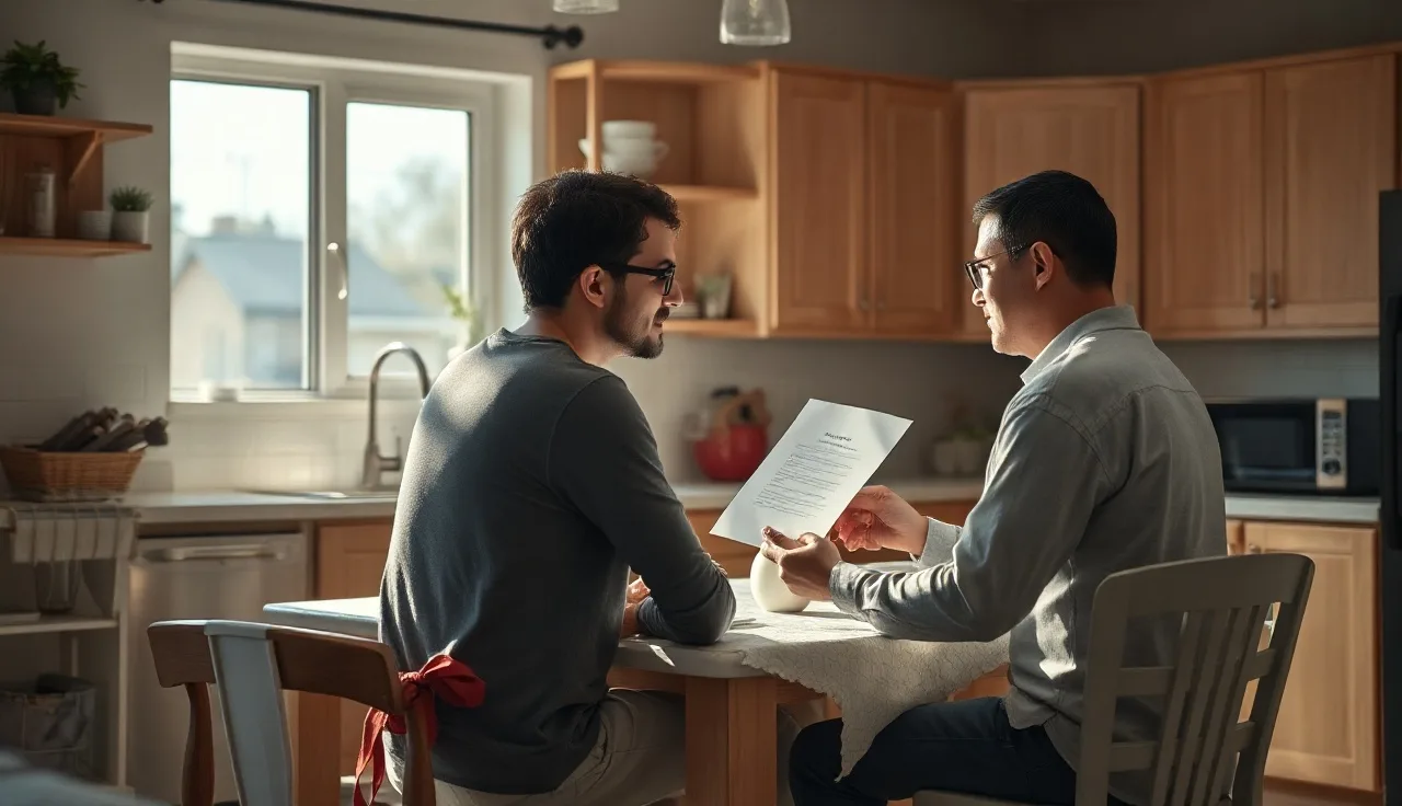 Two people at a kitchen table exchanging divorce waiver paperwork in morning light