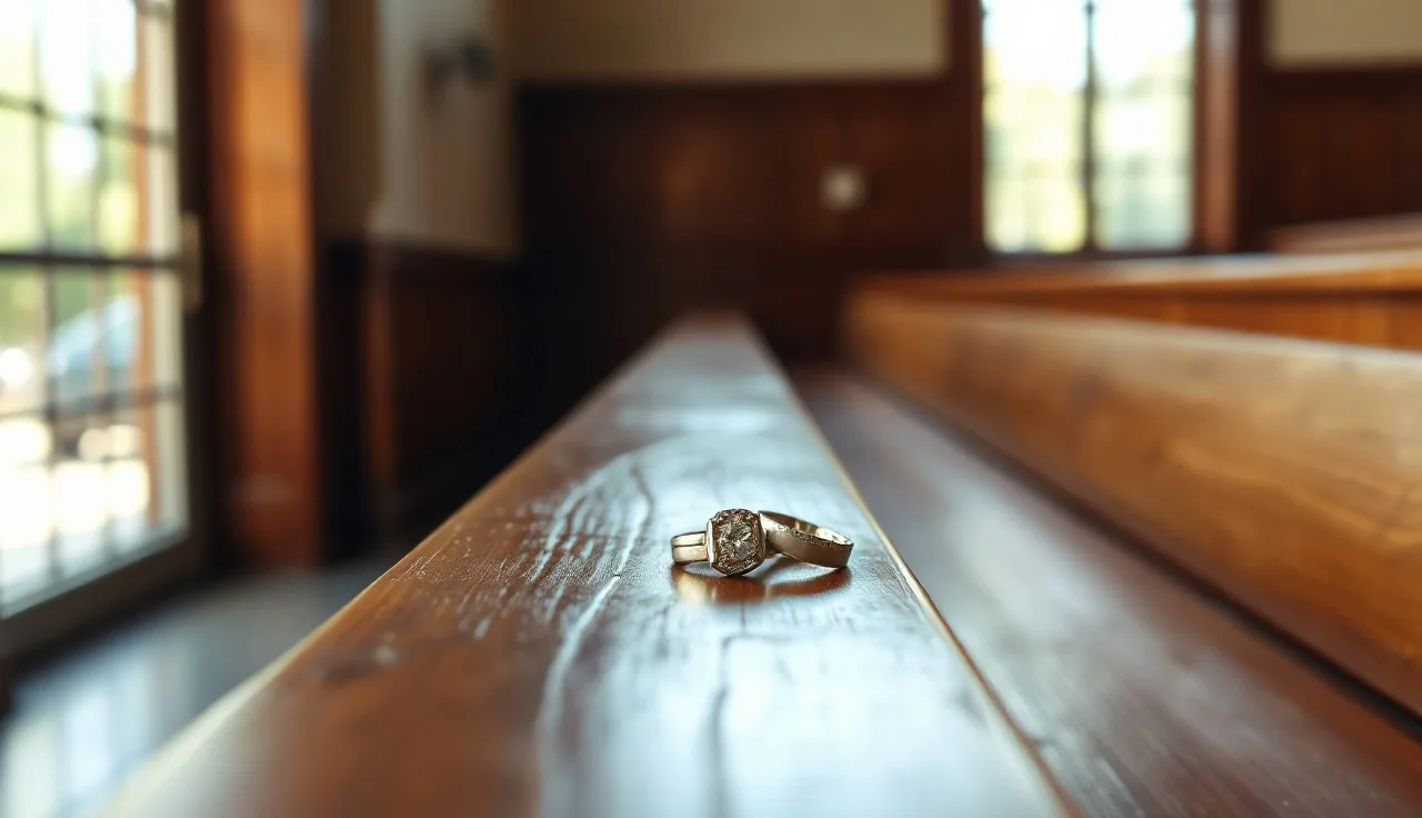 Two wedding rings on a wooden courthouse bench, divorce filing process