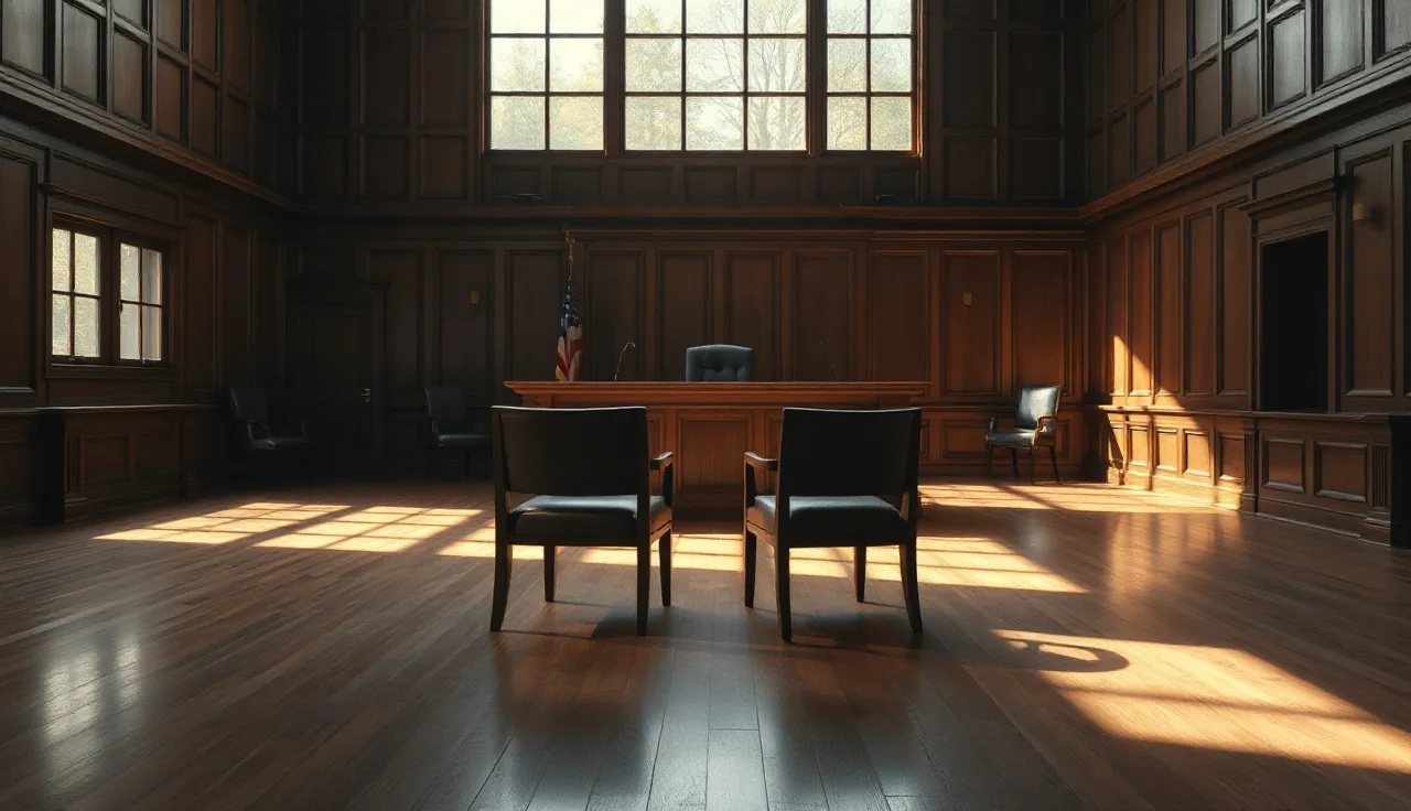 Empty courtroom with wooden bench and chairs before a judge's raised platform