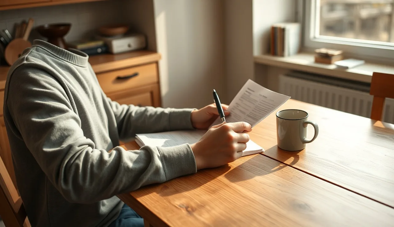 Person reviewing divorce paperwork at a kitchen table with morning light