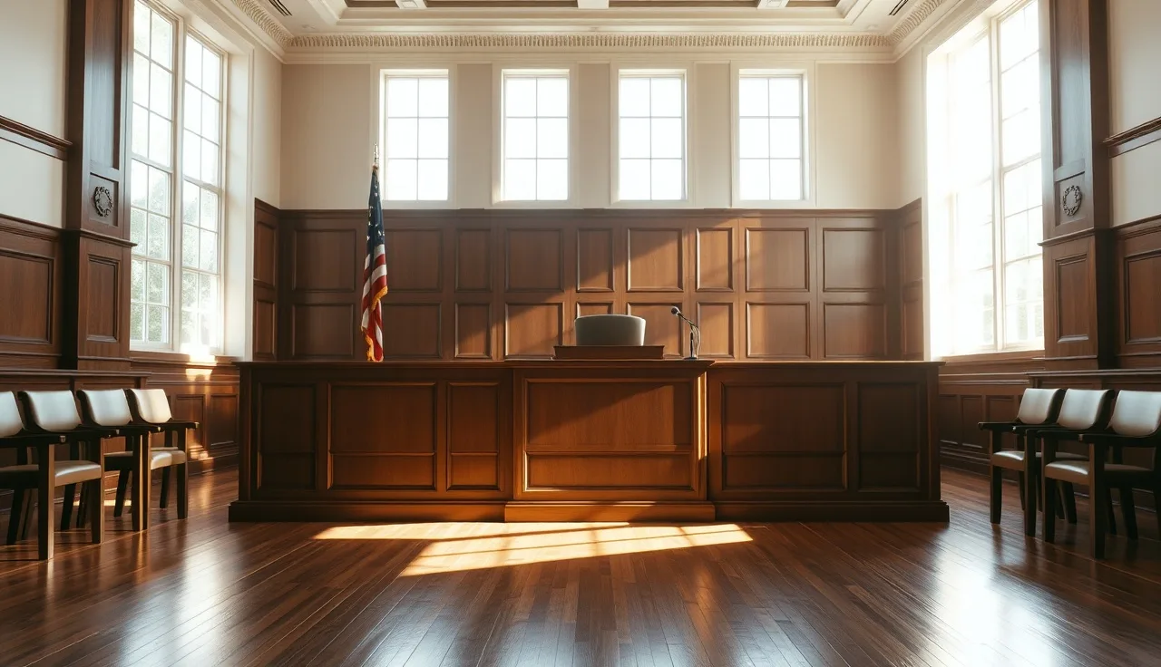 Empty courtroom bench with afternoon sunlight, awaiting divorce settlement review