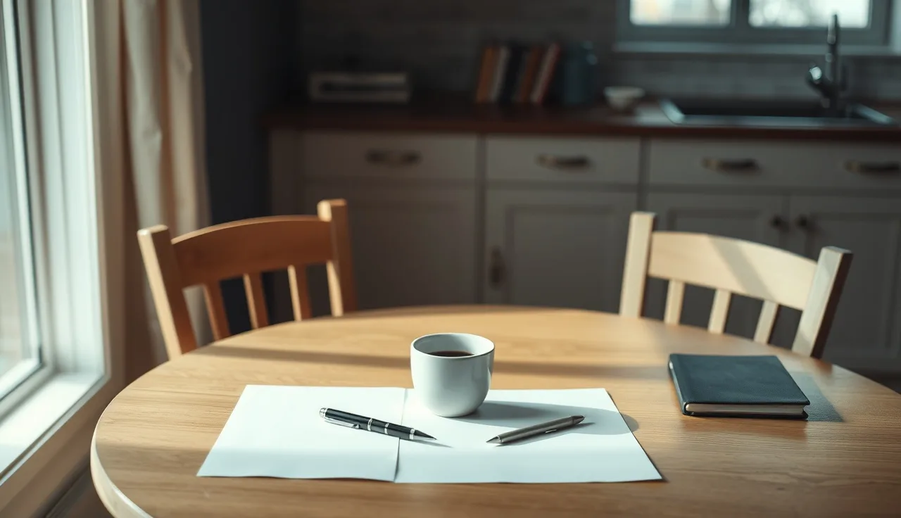 Empty kitchen table with pen on blank paper suggesting a stalled divorce process