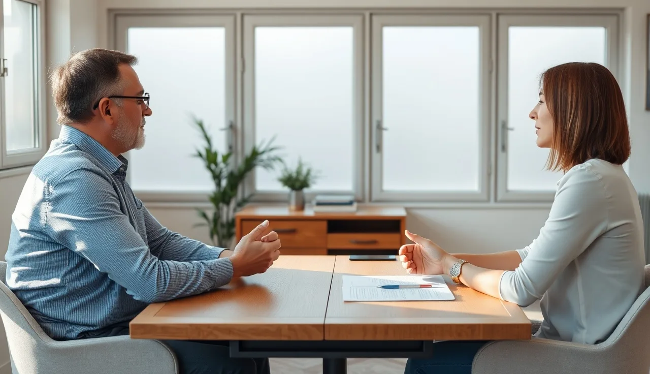 Two adults sitting across a table in a calm mediation office discussing a divorce disagreement