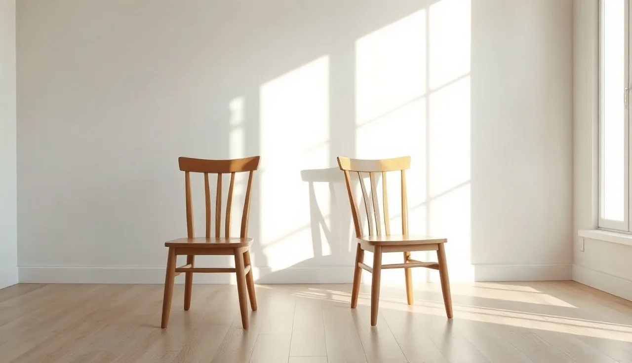 Two chairs facing opposite directions in a sunlit room, symbolizing spouses in different states